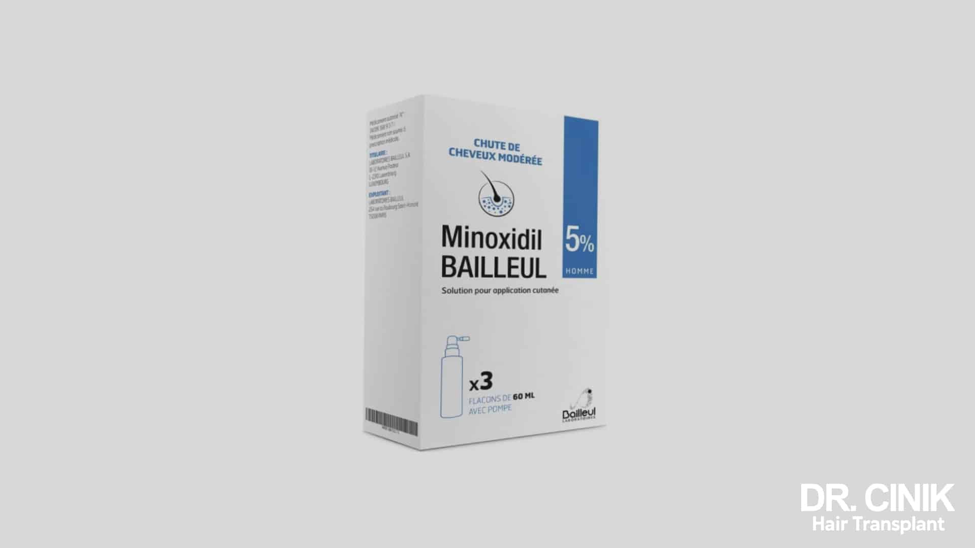 Confezione di Minoxidil Bailleul 5% per uomo, soluzione cutanea, tre flaconi da 60 ml con pompetta, testo della scatola in francese