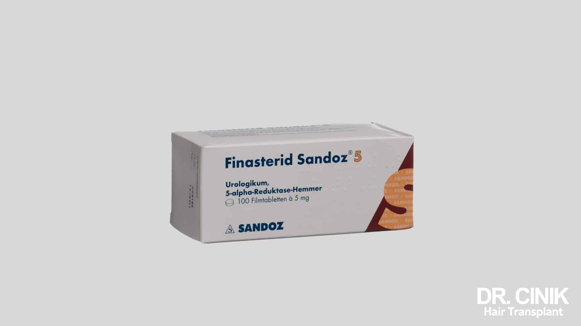 Confezione di compresse rivestite Finasterid Sandoz 5, inibitore della 5-alfa-reduttasi, testo della scatola in tedesco